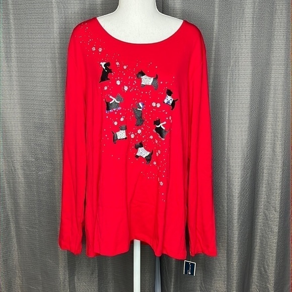 KAREN SCOTT WOMAN 1X RED SCOTTIE DOG LONG SLEEVED TSHIRT NWT GRAPHIC TEE - Picture 1 of 6